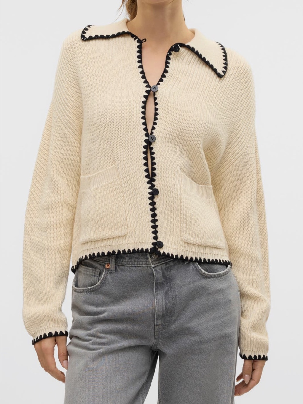 Vero Moda Cream Cardigan with Black Scallop Trim